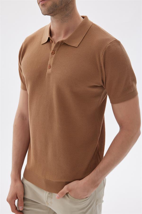 Erkek Polo Yaka Jakarlı Triko T-Shirt Camel