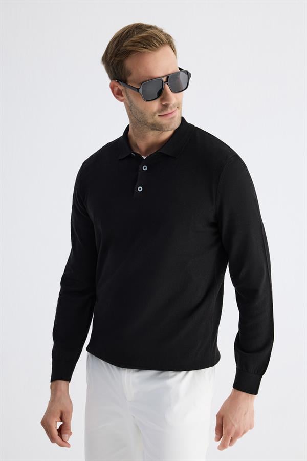 Erkek Polo Yaka Tüylenme Yapmayan Regular Fit Siyah Triko Kazak
