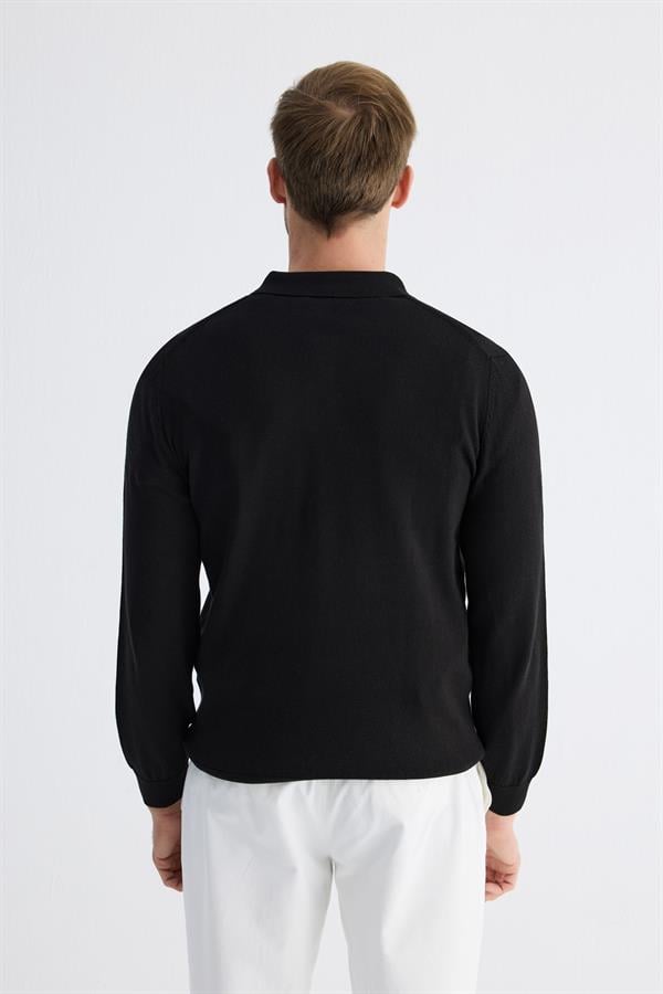 Erkek Polo Yaka Tüylenme Yapmayan Regular Fit Siyah Triko Kazak