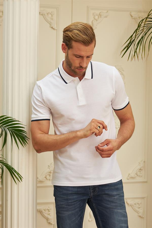 Erkek Slim Fit Düz Polo Yaka T-Shirt Beyaz