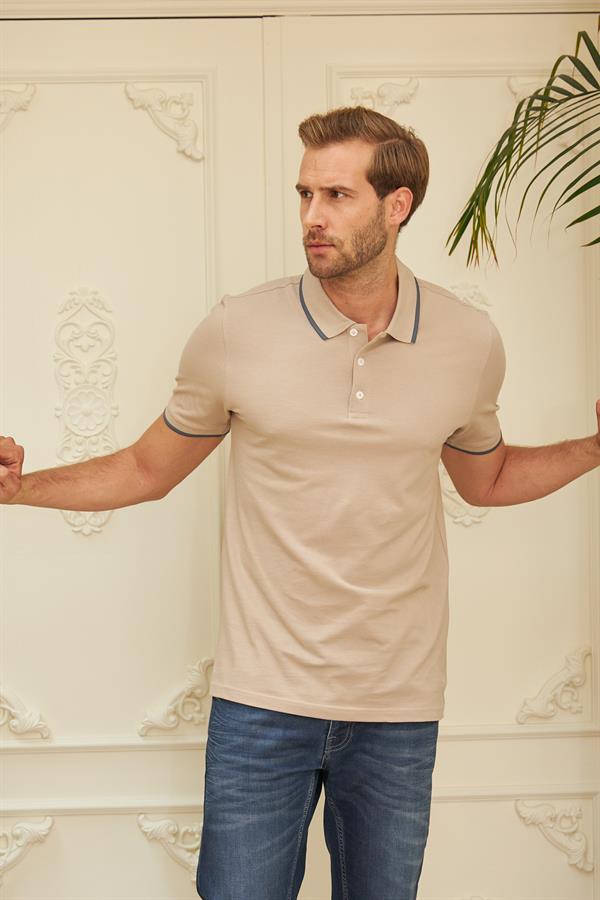 Erkek Slim Fit Düz Polo Yaka T-Shirt Bej