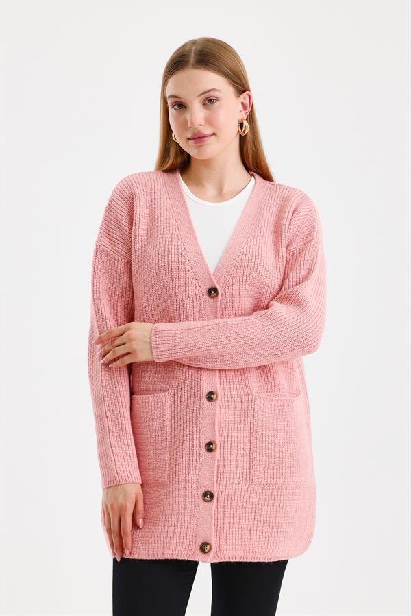 Kadın Düğmeli Oversize Cepli Uzun Pembe Triko Hırka