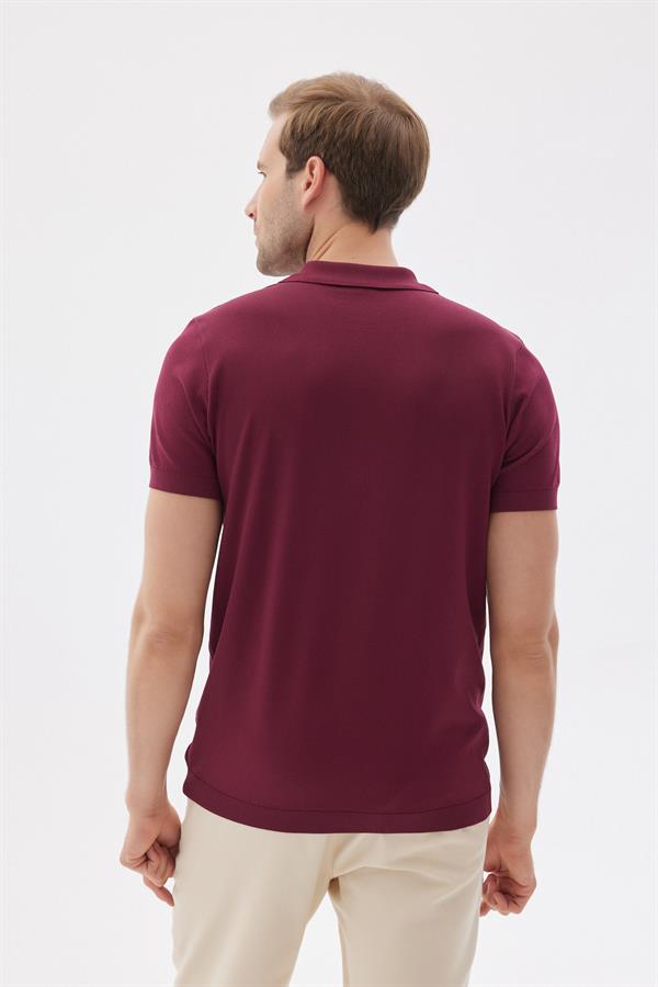 LIMITED Erkek Düz Fermuarlı Polo Yaka Rayon Triko Tişört Bordo