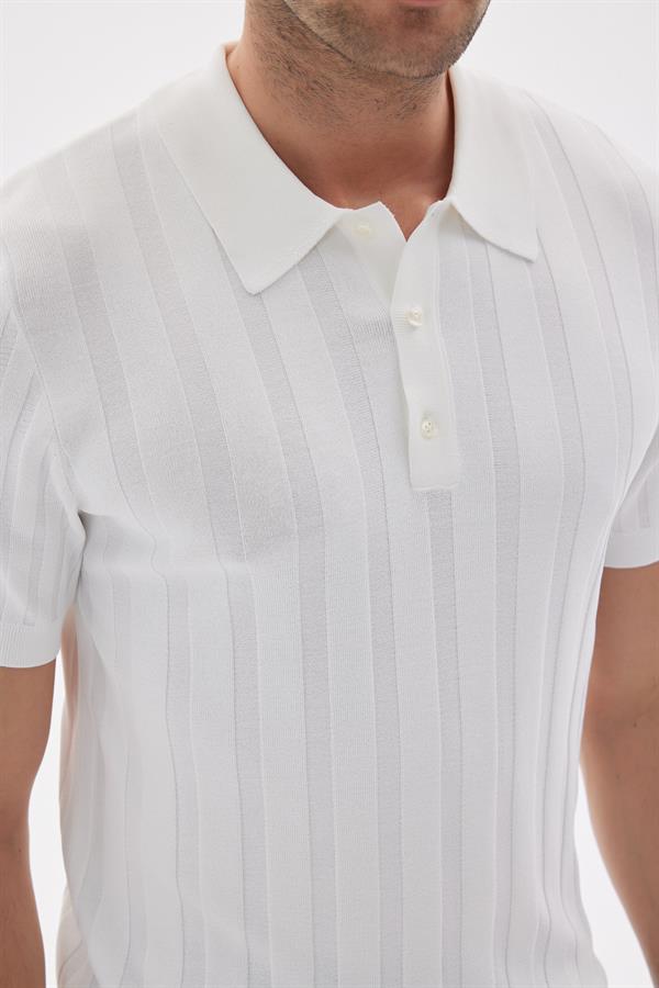 LIMITED Erkek Fitilli Detaylı Polo Yaka Rayon Triko Tişört Ekru