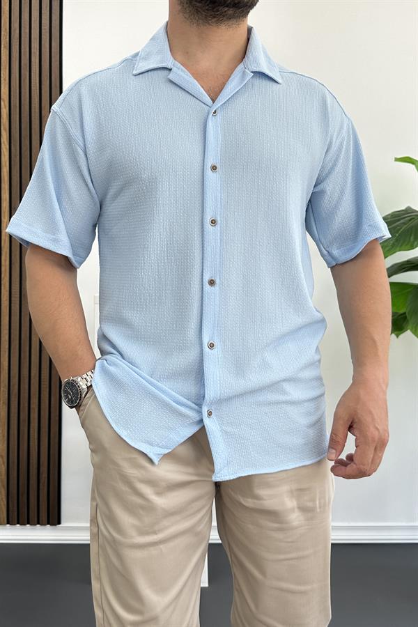 Erkek Gofre Kumaş Kısa Kollu Gömlek Açık Mavi Edw109