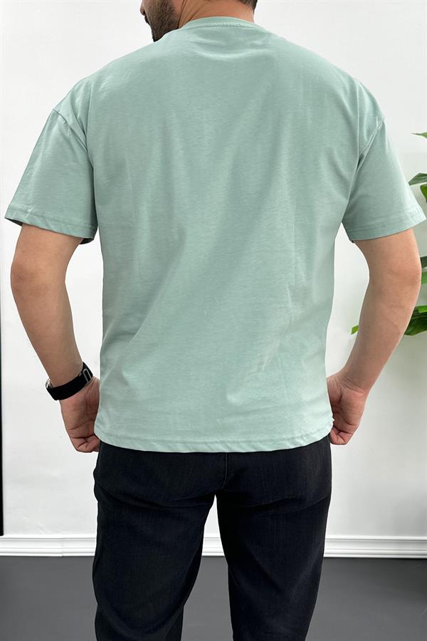 Erkek Oversize %100 Pamuk Nefes Alan Basic T-shirt Yeşil Edw038