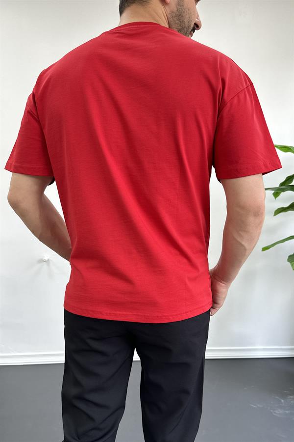 Erkek Oversize %100 Pamuk Nefes Alan Basic T-shirt Kırmızı Edw038