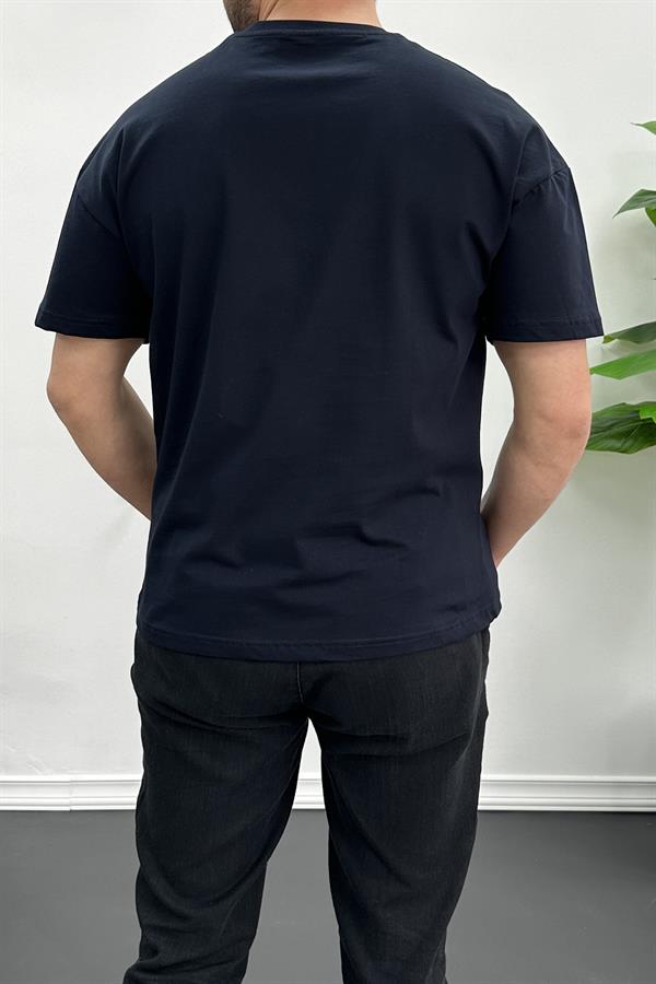 Erkek Oversize %100 Pamuk Nefes Alan Basic T-shirt Lacivert Edw038