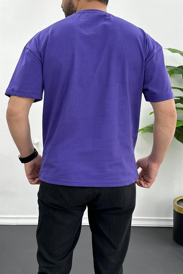 Erkek Oversize %100 Pamuk Nefes Alan Basic T-shirt Mor Edw038