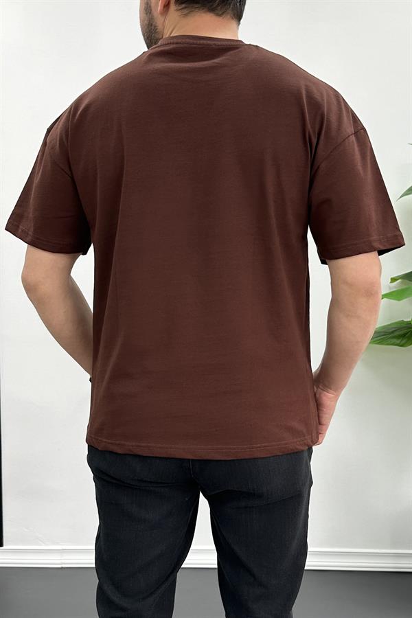 Erkek Oversize %100 Pamuk Nefes Alan Basic T-shirt Kahverengi Edw038