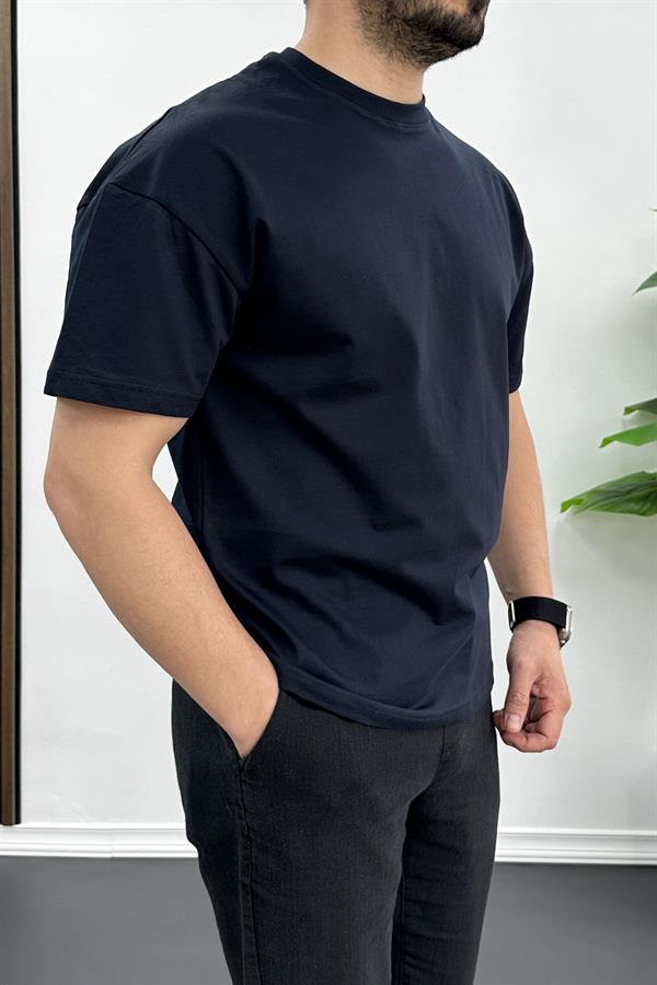 Erkek Oversize %100 Pamuk Nefes Alan Basic T-shirt Lacivert Edw038