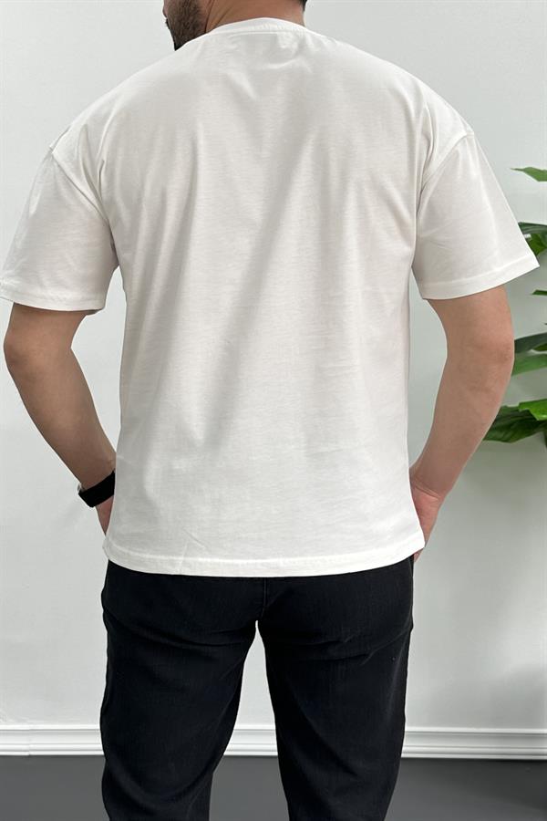 Erkek Oversize %100 Pamuk Nefes Alan Basic T-shirt Ekru Edw038