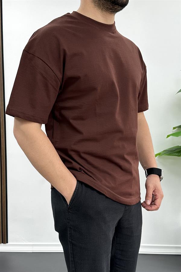 Erkek Oversize %100 Pamuk Nefes Alan Basic T-shirt Kahverengi Edw038