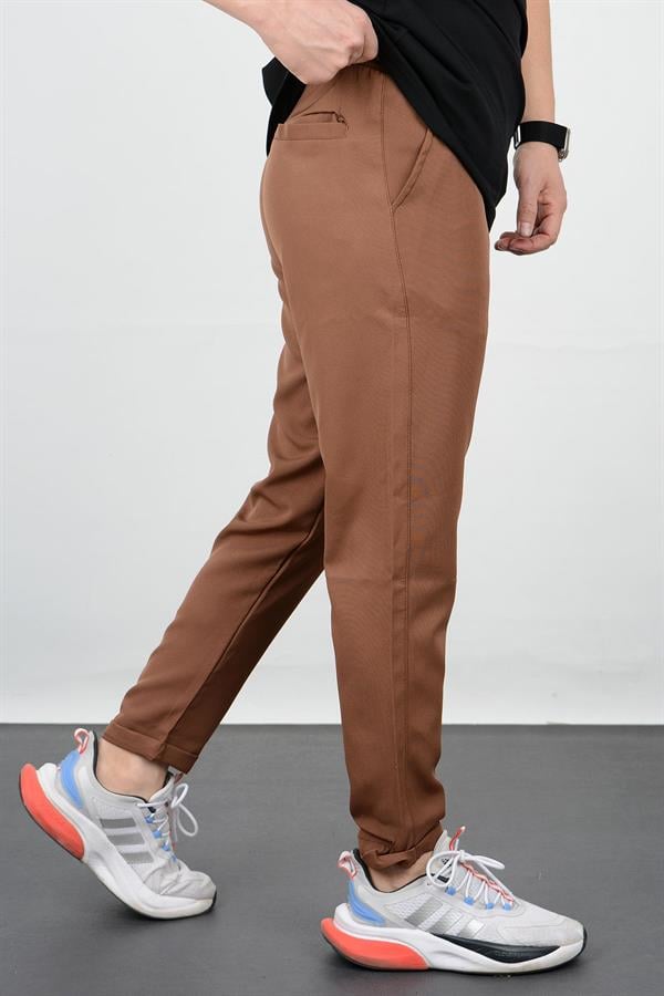 Erkek Slim Fit Beli Lastikli Double Paça Jogger Pantolon Kahverengi Edw073