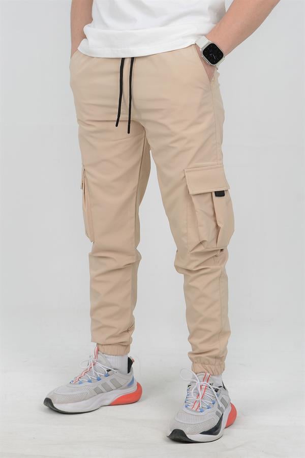 Erkek Slim Fit Cepli Beli ve Paçası Lastikli İnce Spor Pantolon Bej Edw071