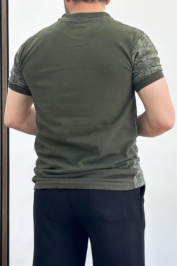 Erkek Slim Fit Desenli Polo Yaka Tişört Haki Yeşil Edw153