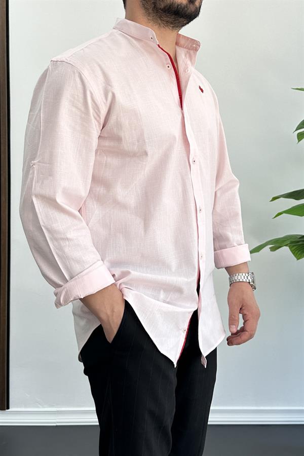 Erkek Slim Fit Keten Görünümlü Pamuklu Gömlek Pembe Edw087