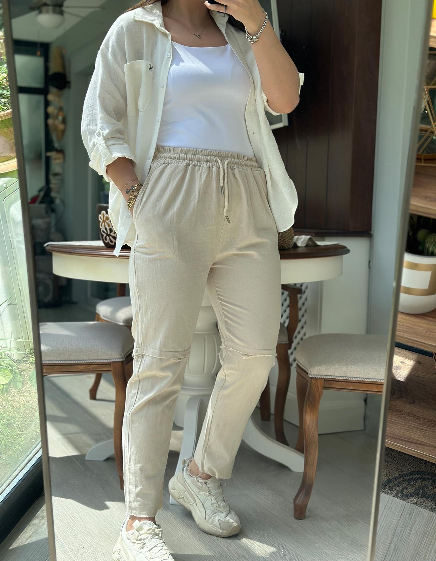 Beli Lastikli Gabardin Pantolon Krem