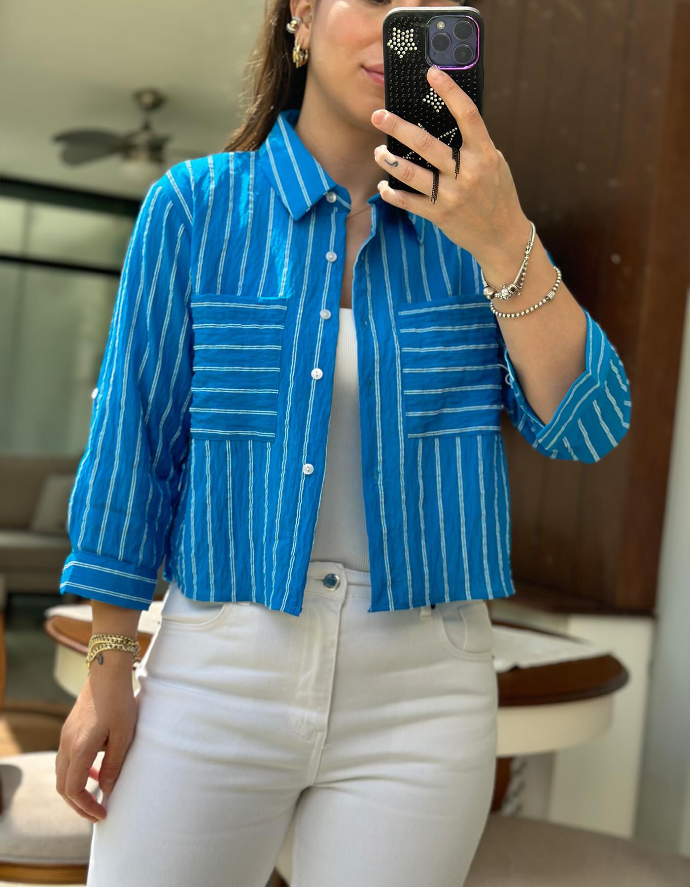 Çizgili Crop Gömlek Mavi