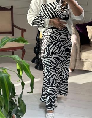 İpek Saten Zebra Desen Uzun Etek 