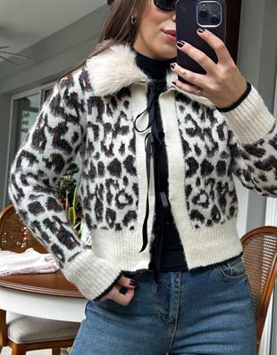 Kürk Detaylı Leopar Hırka