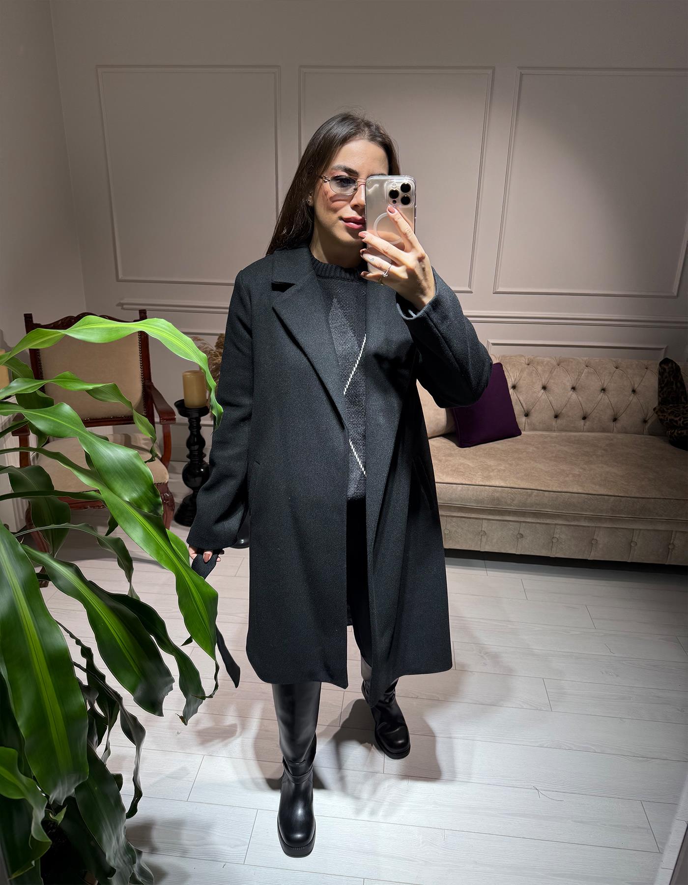 Fit Kalıp Kaşe Kaban Siyah