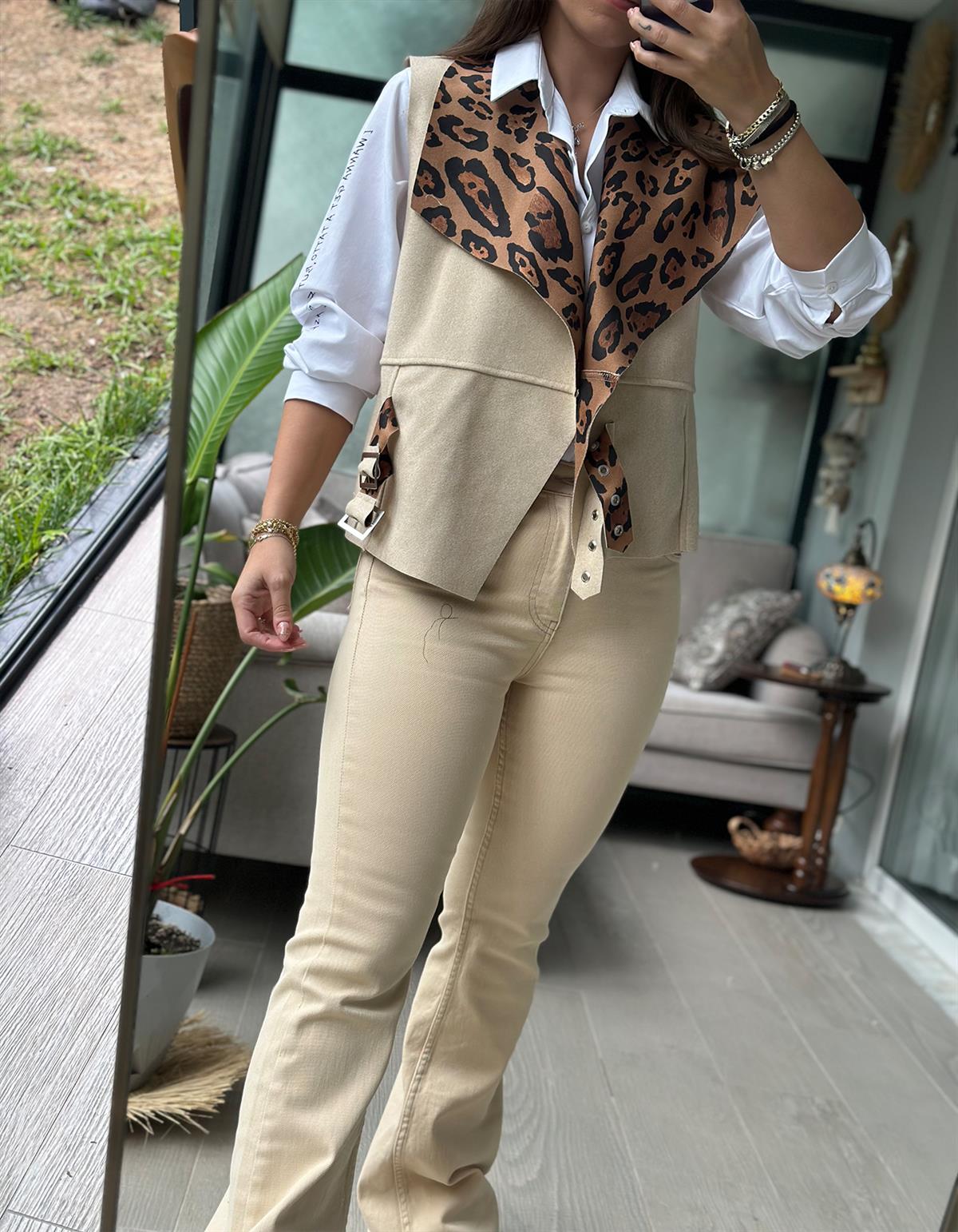 İçi Leopar Desen Lori Güderi Yelek Krem