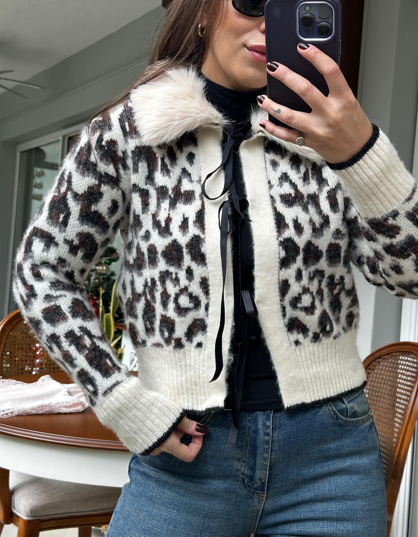 Kürk Detaylı Leopar Hırka