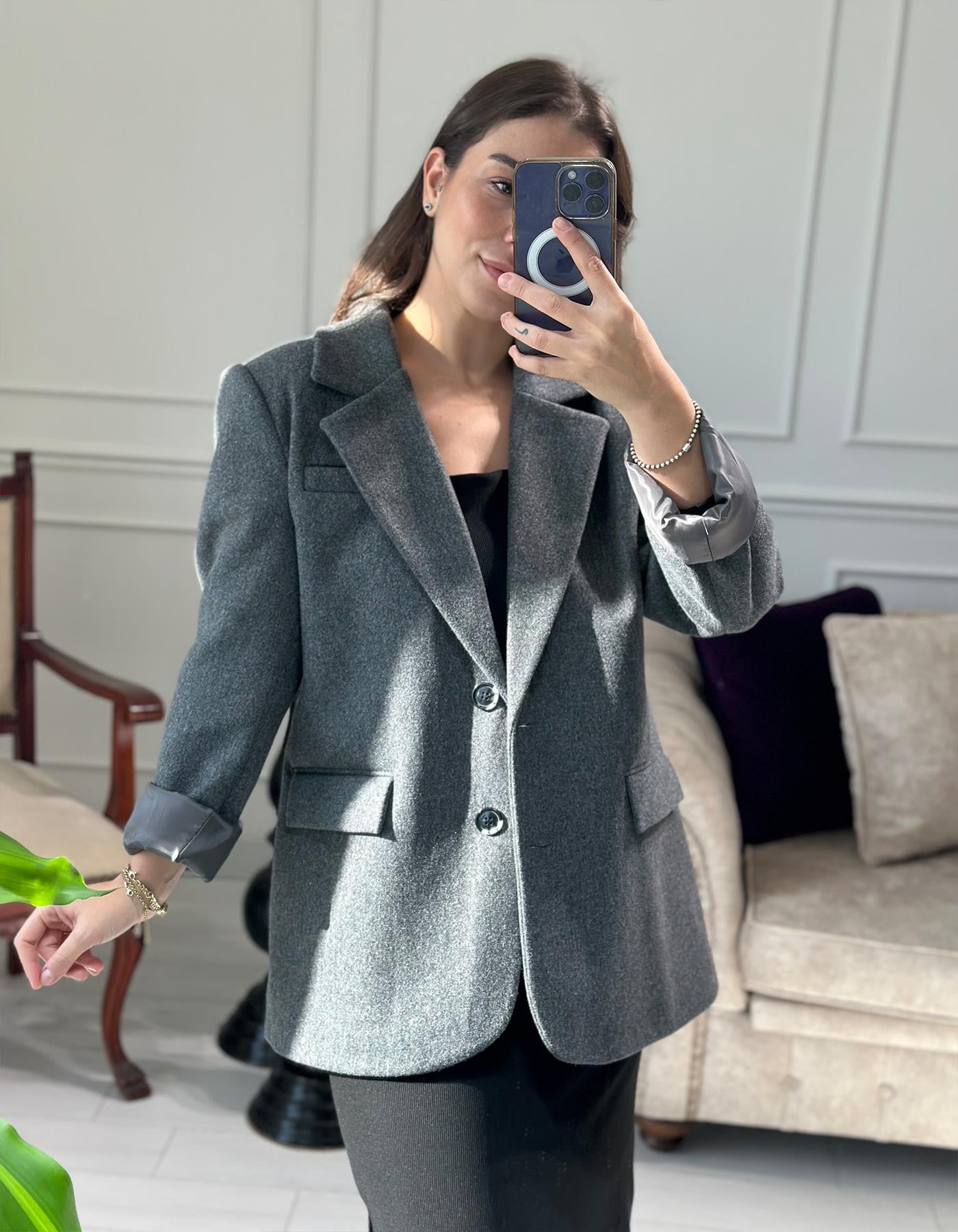 Oversize Kaşe Blazer Gri