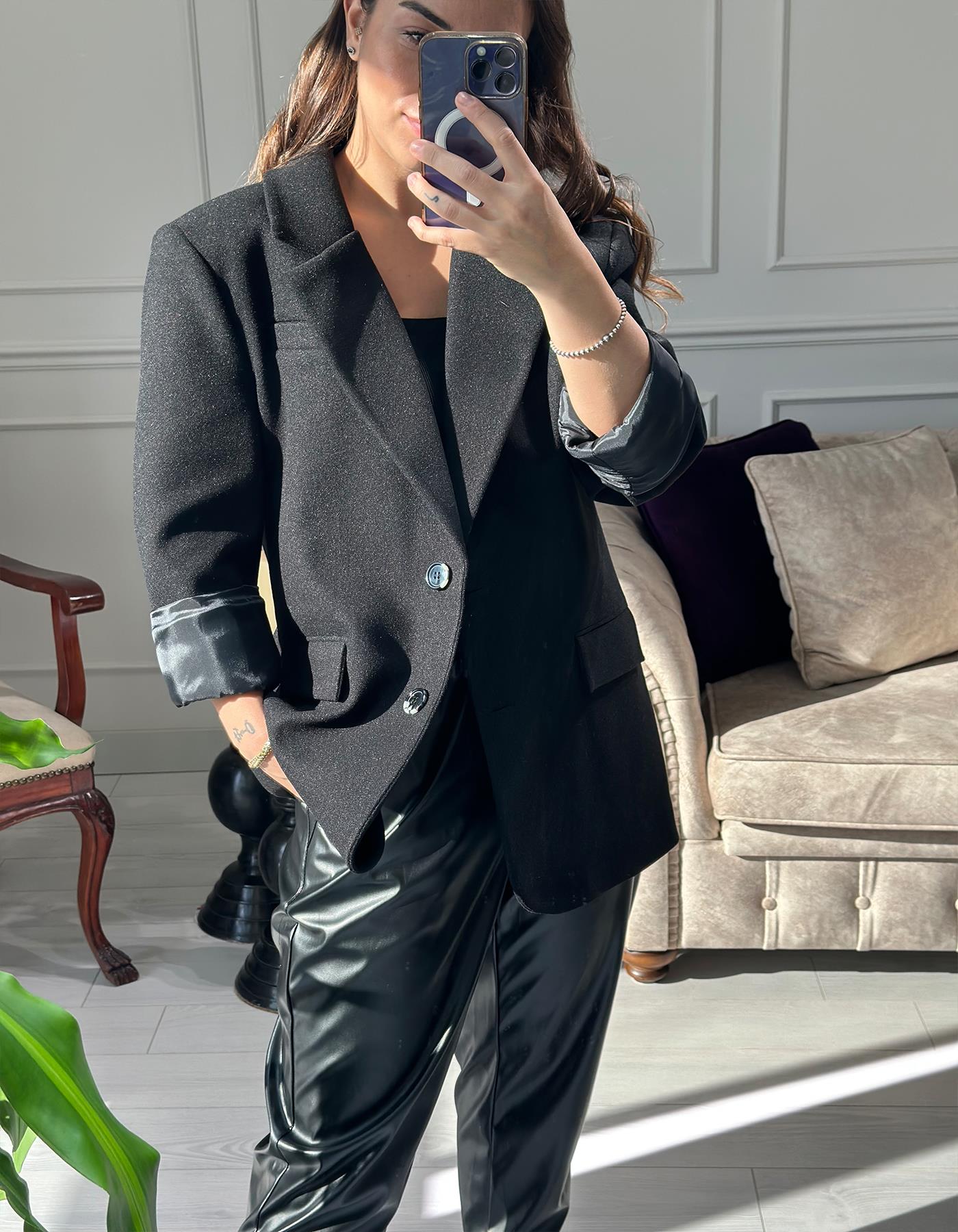 Oversize Kaşe Blazer Siyah