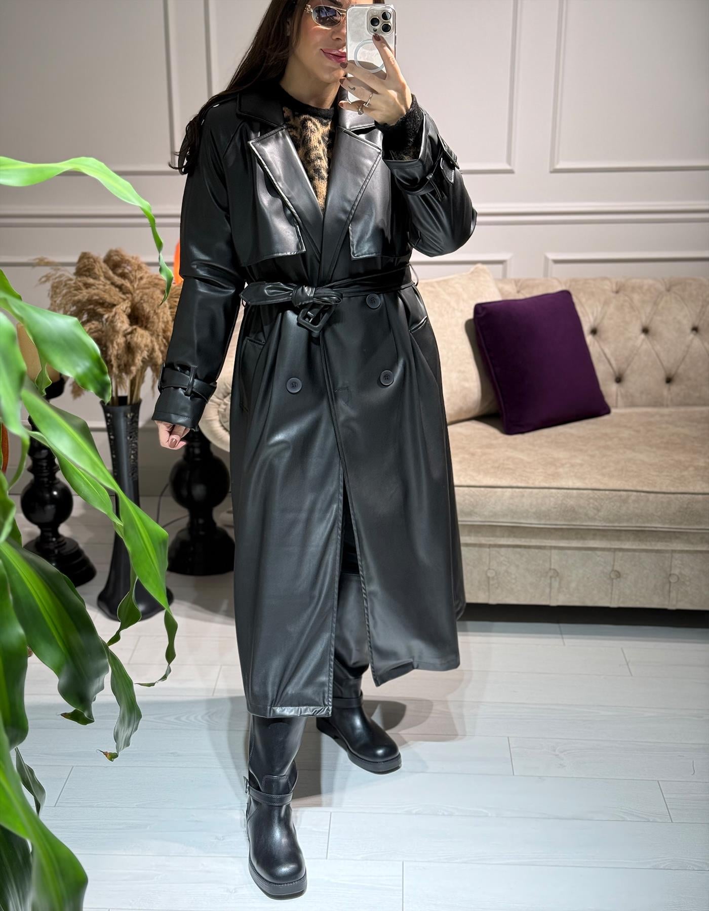 Uzun Yumuşak Deri Trenchcoat Siyah
