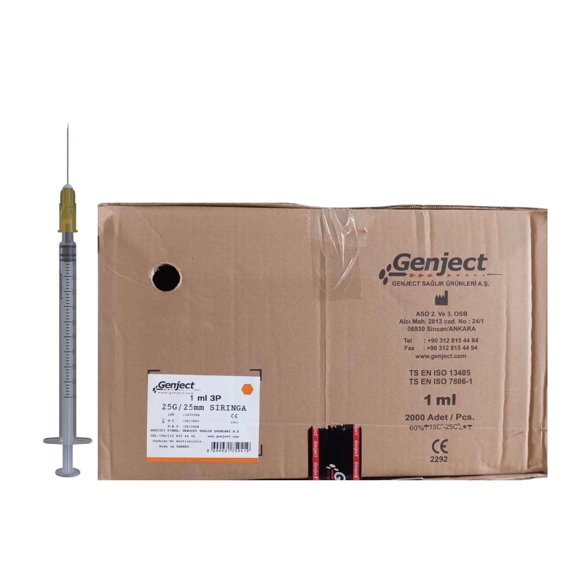 GENJECT - 1 ML 3P 25G TURUNCU 25MM AŞI İNSÜLİN ENJEKTÖRÜ - 2000 ADET