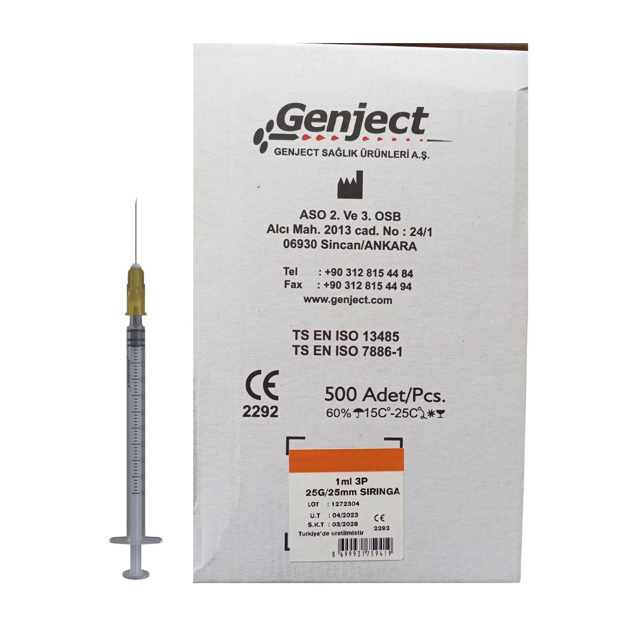 GENJECT - 1 ML 3P 25G TURUNCU 25MM AŞI İNSÜLİN ENJEKTÖRÜ - 500 ADET