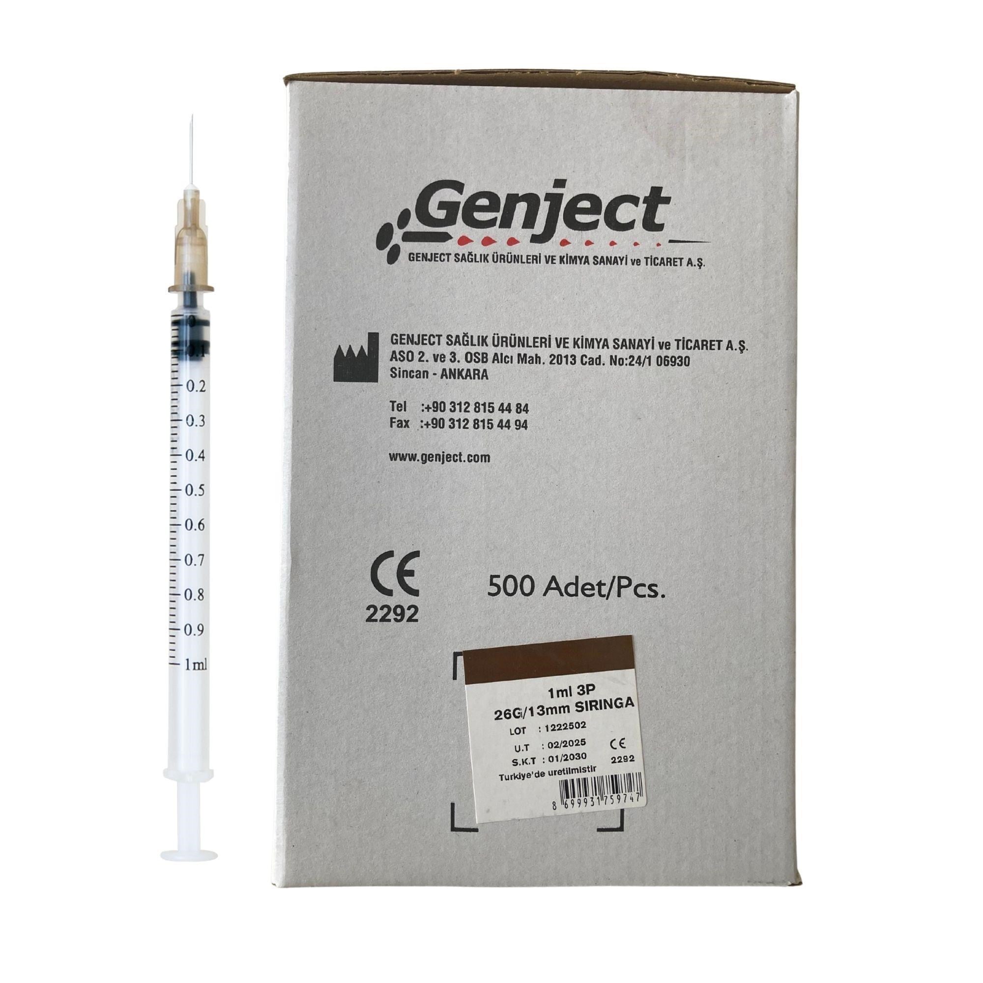 GENJECT - 1 ML 3P 26G 0.45X13 MM İĞNELİ İNSÜLİN ENJEKTÖRÜ - 500 ADET