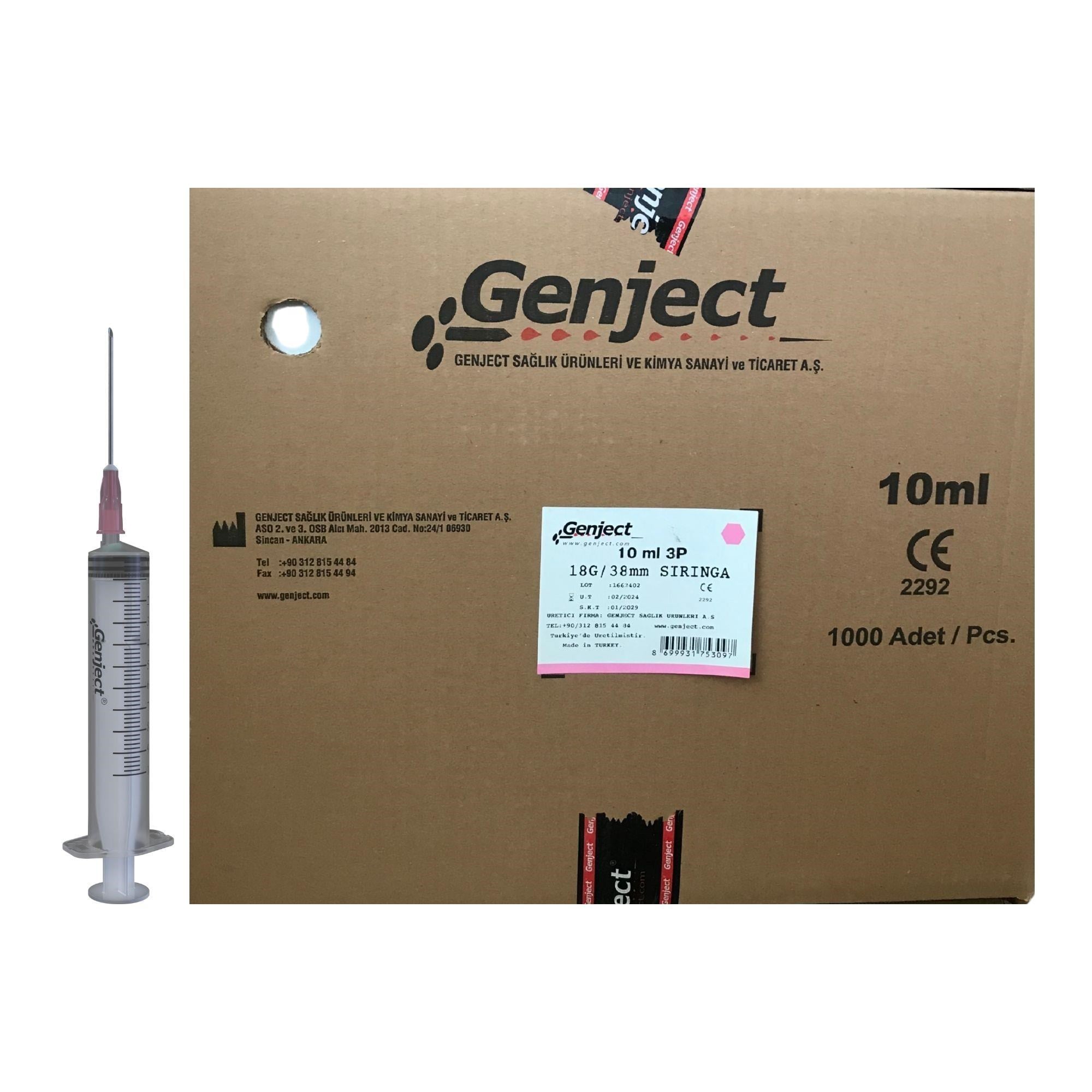 GENJECT - 10ML 3PARÇA PEMBE İĞNELİ ENJEKTÖR - 1000 ADET
