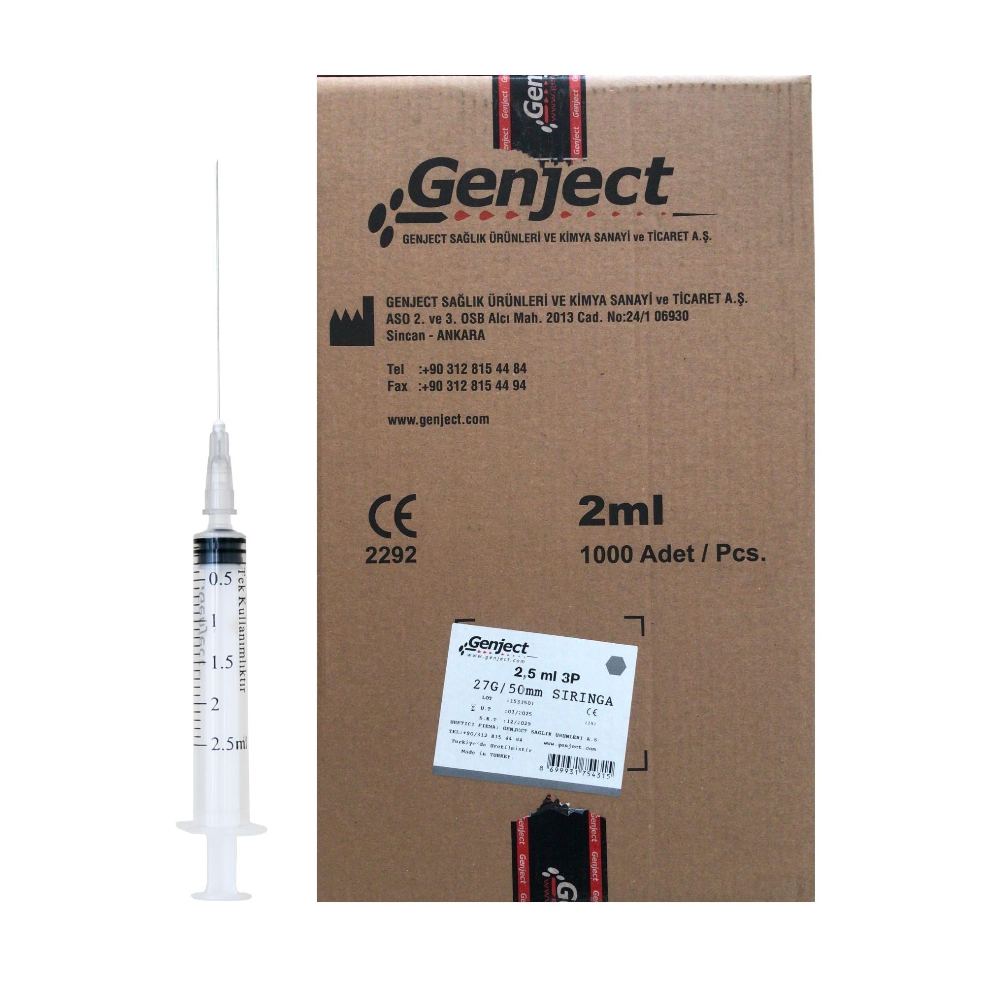 GENJECT - 2.5 ML 3P 27G 50MM UZUN DENTAL ENJEKTÖR - 1000 ADET