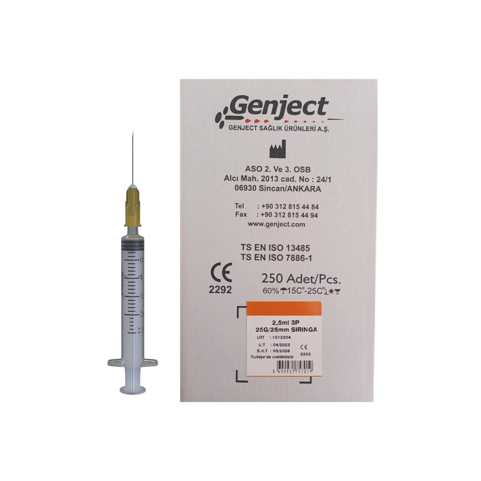 GENJECT - 2.5 ML 3P 25G TURUNCU 25MM AŞI ENJEKTÖRÜ - 250 ADET