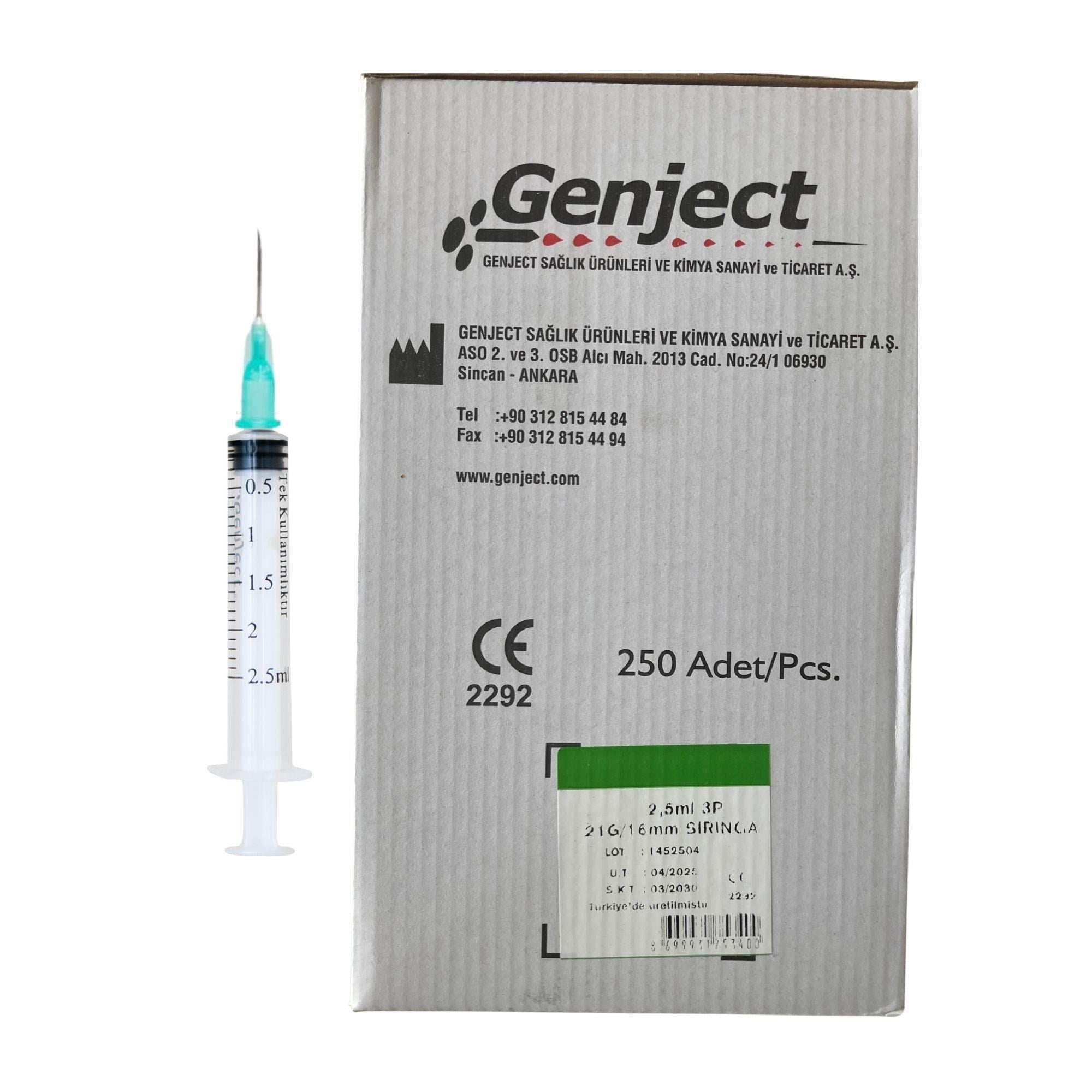 GENJECT - 2 ML 3PARÇA YEŞİL KISA İĞNELİ ENJEKTÖR VETERİNER - 250 ADET