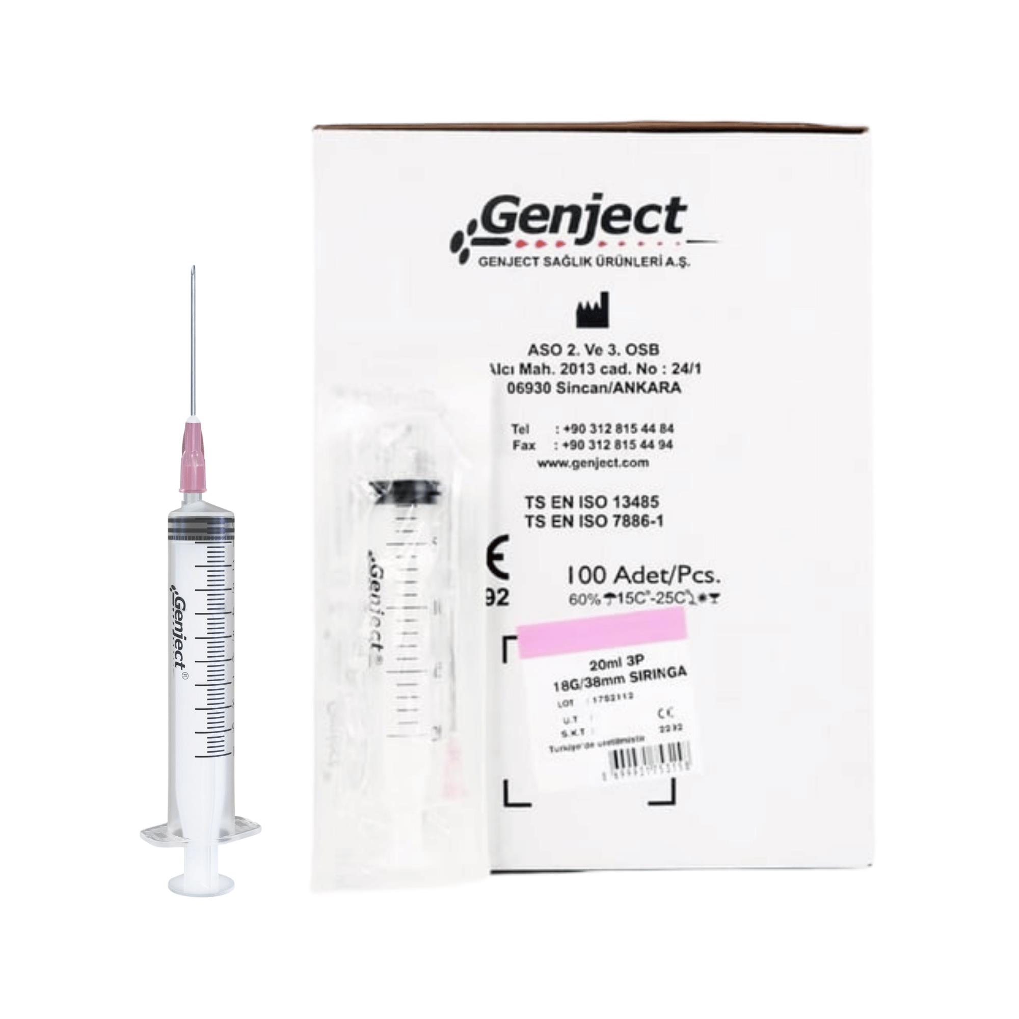 GENJECT - 20 ML 3PARÇA PEMBE İĞNELİ ENJEKTÖR VETERİNER - 100 ADET
