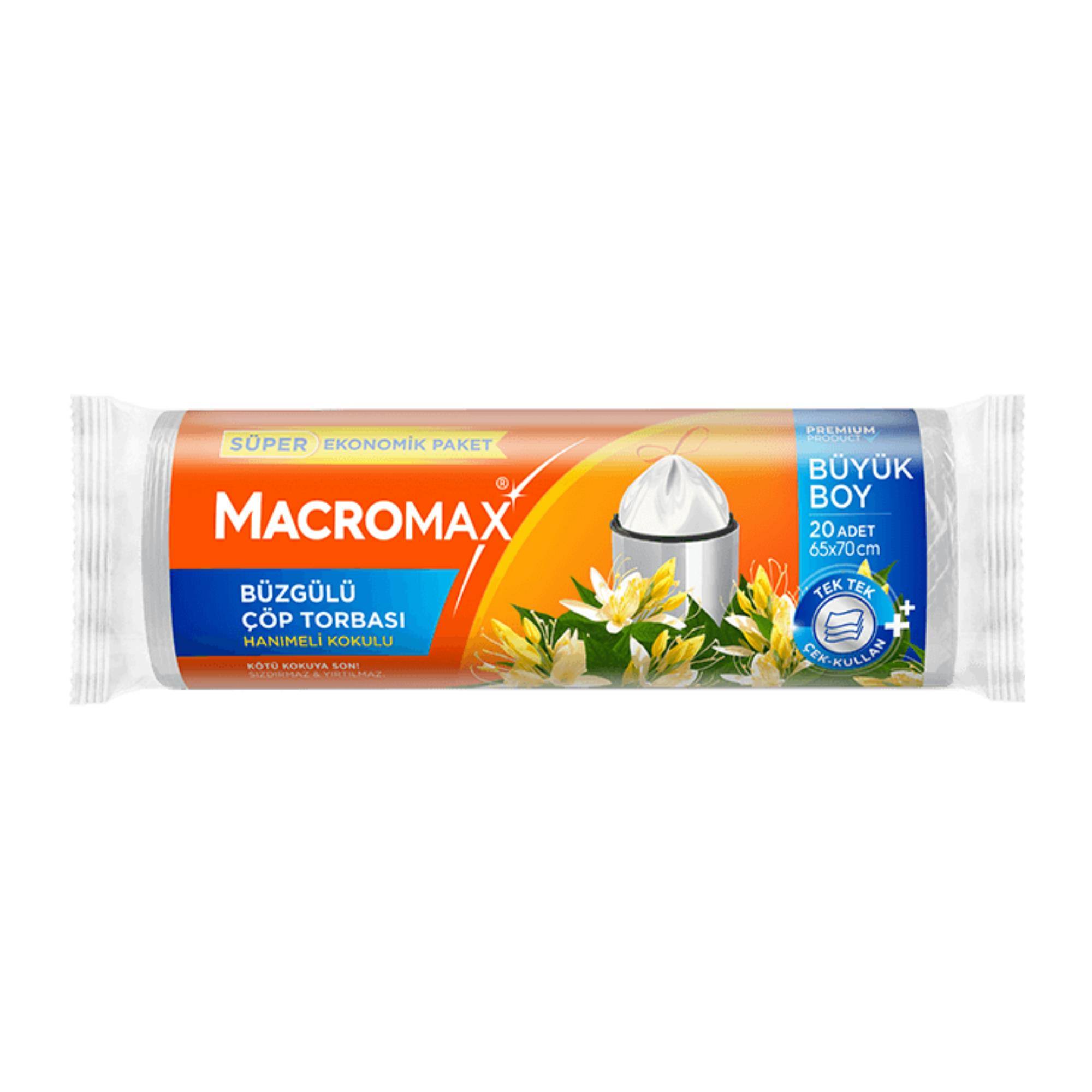 MACROMAX - ÇÖP TORBASI BÜZGÜLÜ HANIMELİ KOKULU BÜYÜK BOY 65X70 20 YAPRAK 1 RULO