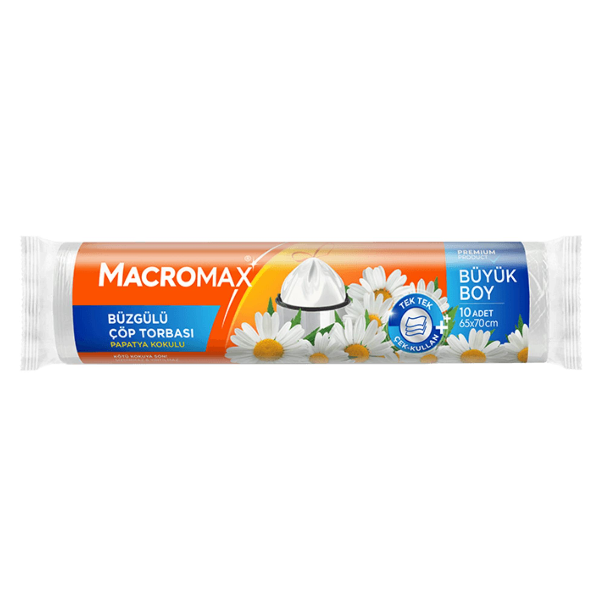 MACROMAX - ÇÖP TORBASI BÜZGÜLÜ PAPATYA KOKULU BÜYÜK BOY 65X70 10 YAPRAK 1 RULO