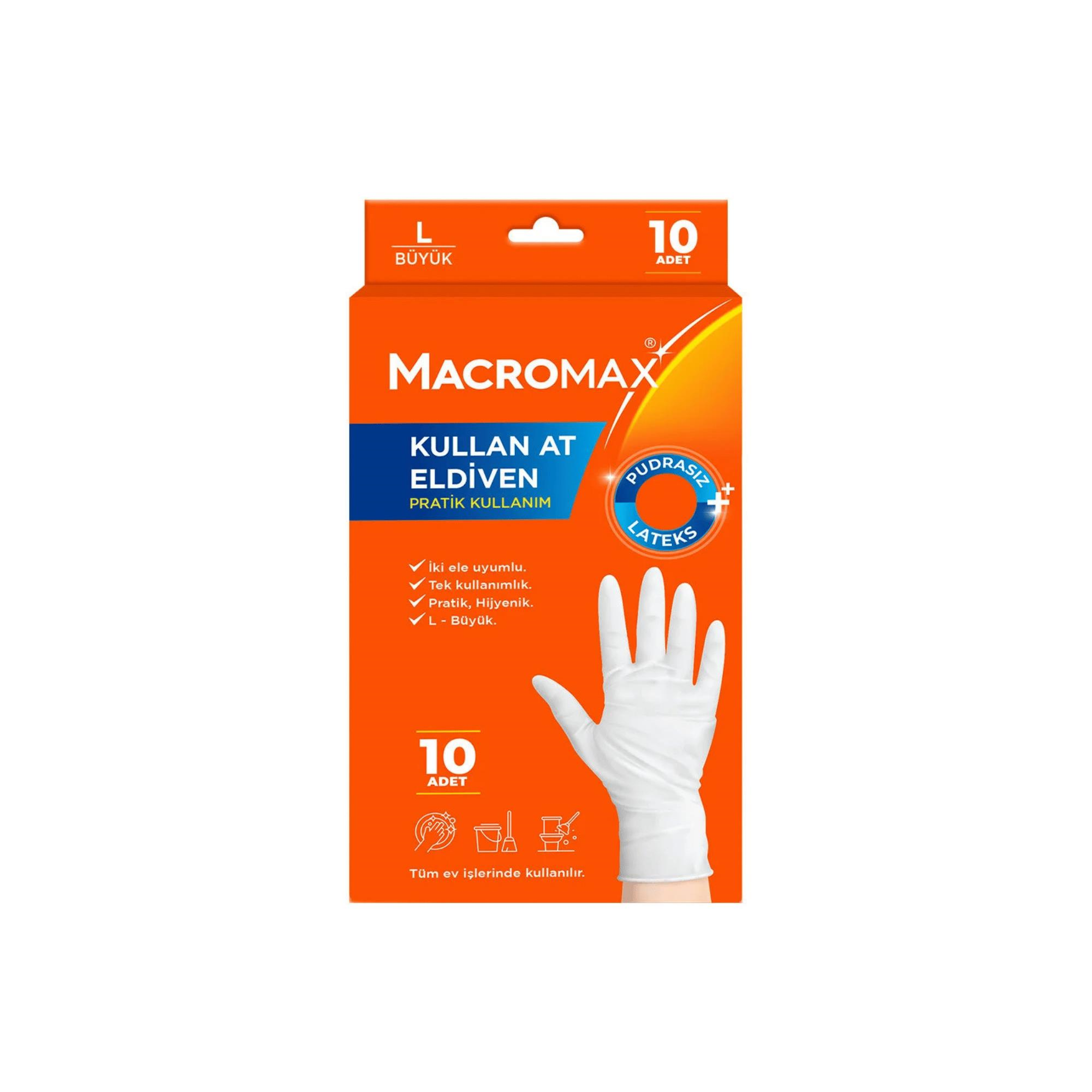 MACROMAX - TEMİZLİK ELDİVENİ PUDRASIZ LATEKS KULLAN AT 10 ADETLİ 1 PAKET LARGE