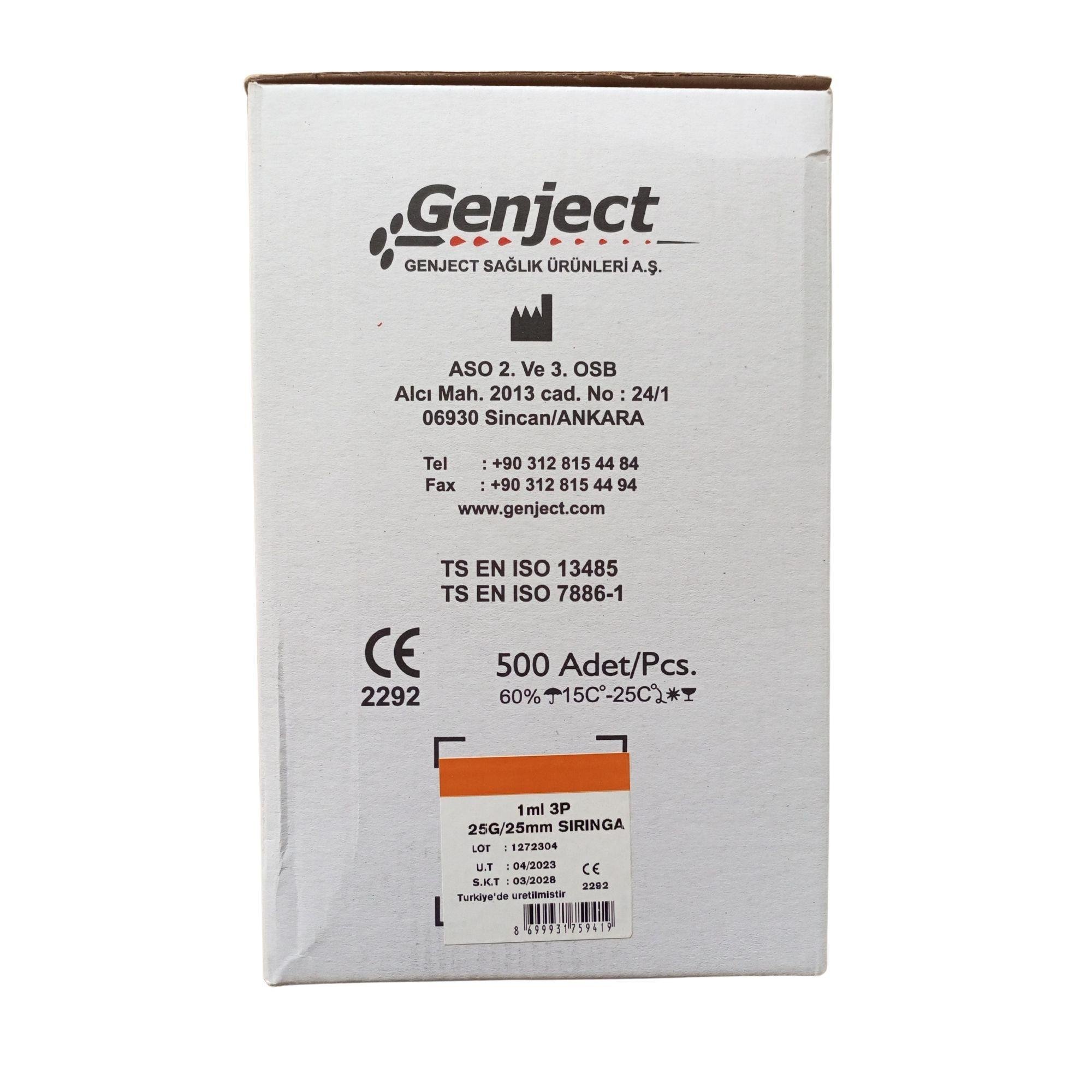 GENJECT - 1 ML 3P 25G TURUNCU 25MM AŞI İNSÜLİN ENJEKTÖRÜ - 500 ADET