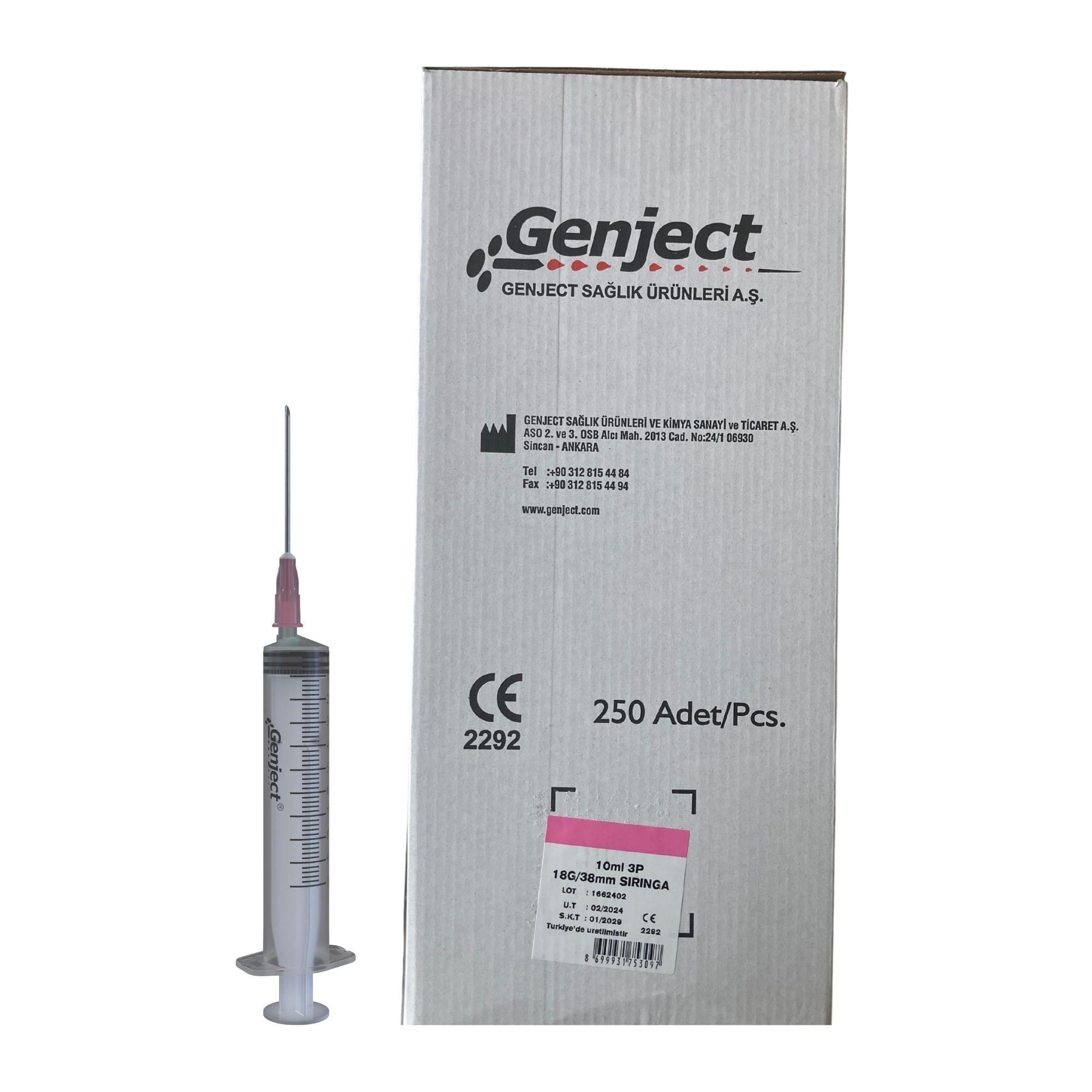 GENJECT - 10ML 3PARÇA PEMBE İĞNELİ ENJEKTÖR - 250 ADET