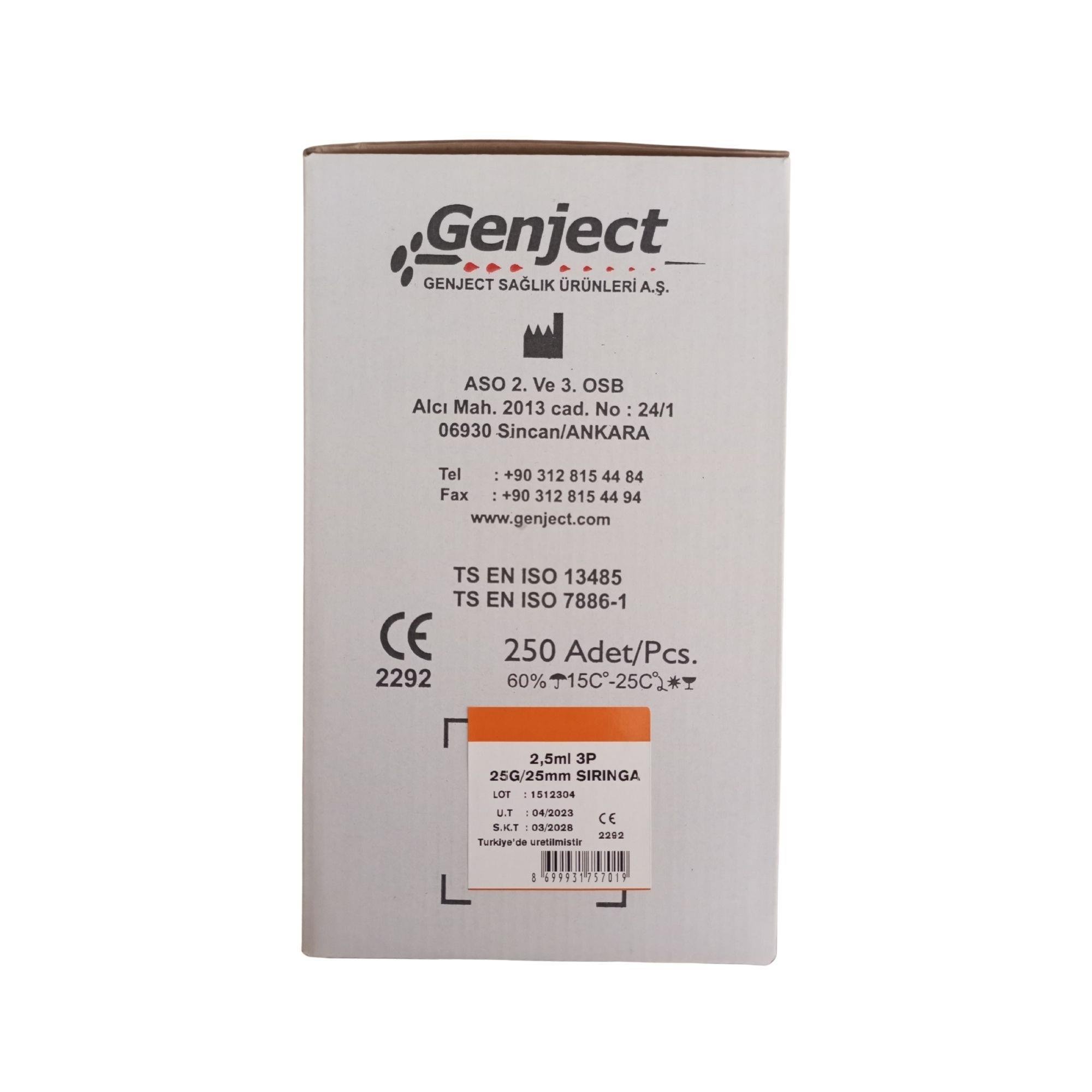 GENJECT - 2.5 ML 3P 25G TURUNCU 25MM AŞI ENJEKTÖRÜ - 250 ADET