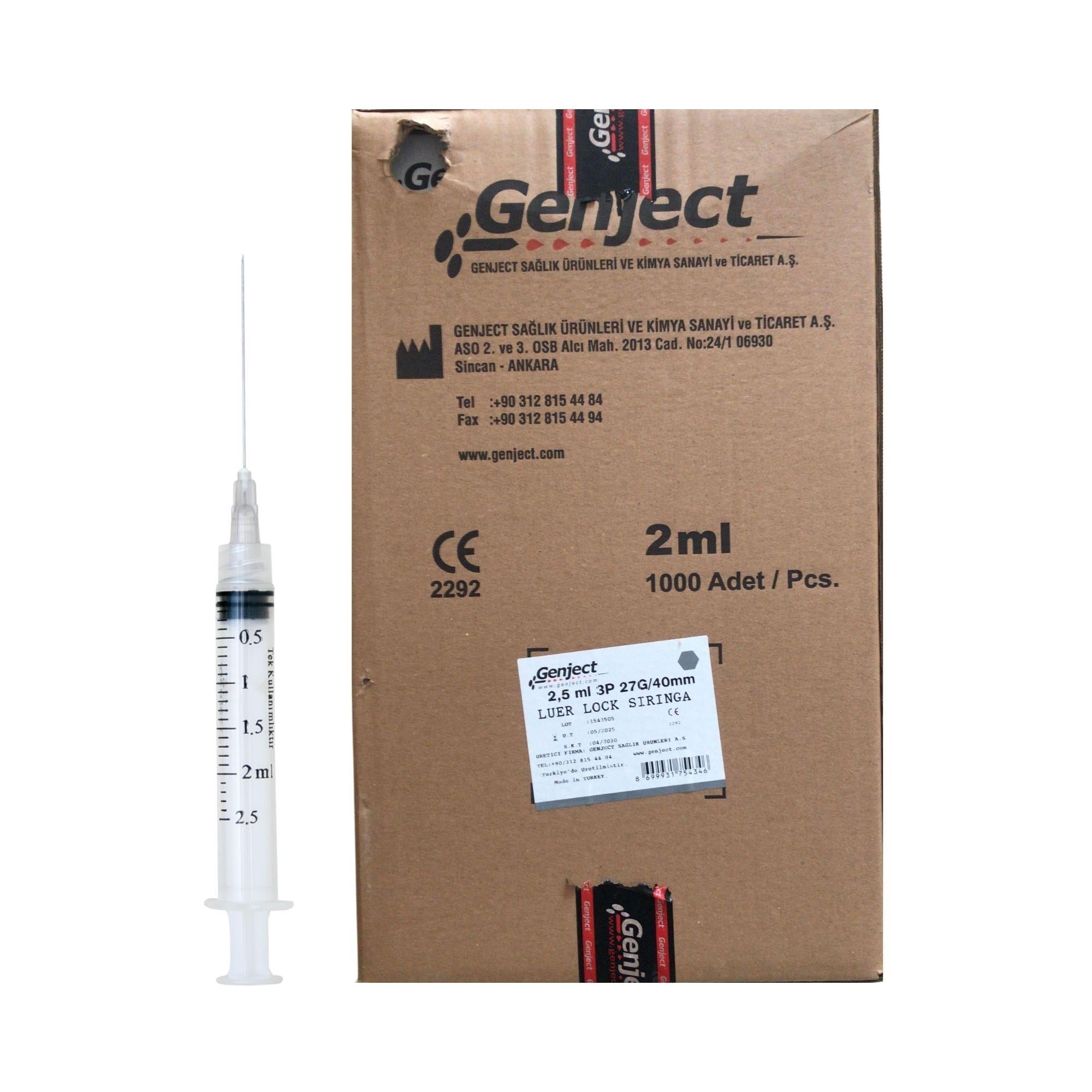GENJECT - 2.5 ML 40MM KISA LUER LOCK DENTAL ENJEKTÖR - 1000 ADET