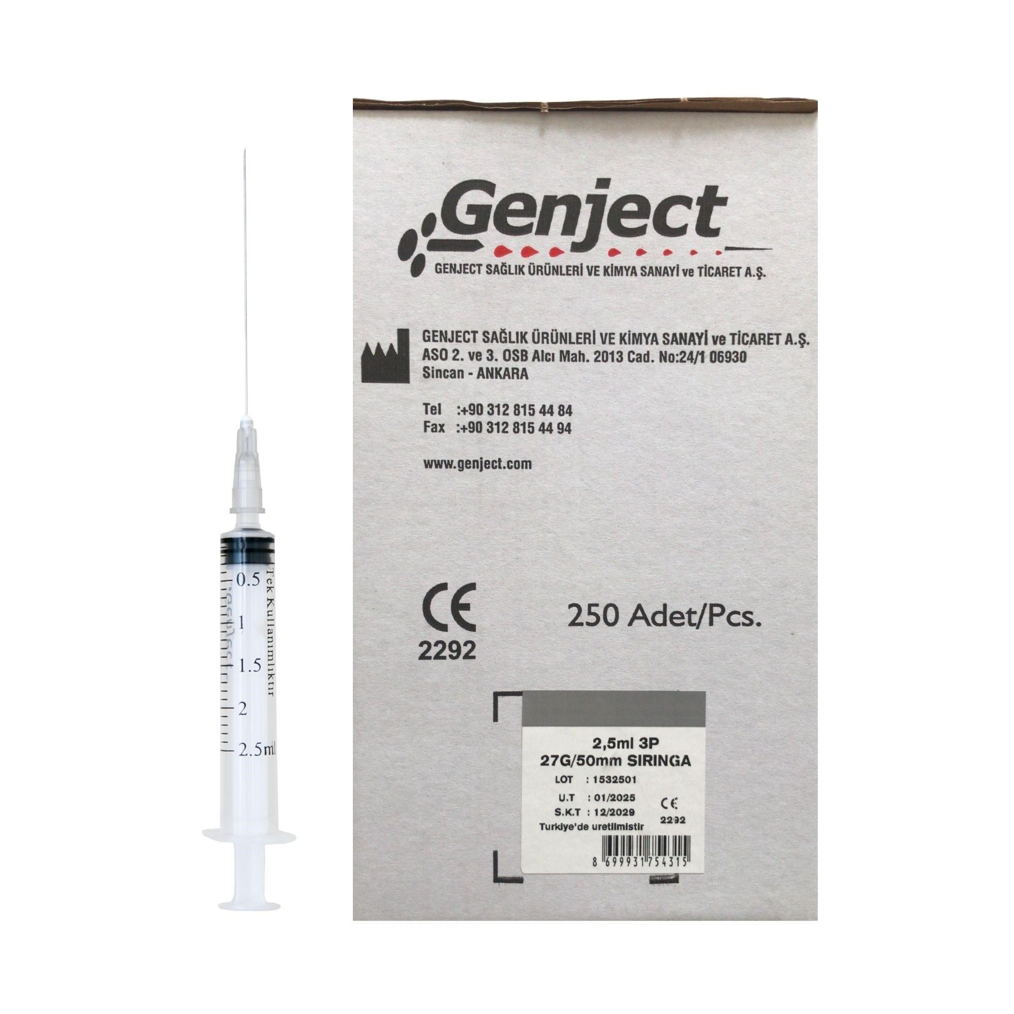 GENJECT - 2.5 ML 3P 27G 50MM UZUN DENTAL ENJEKTÖR - 250 ADET