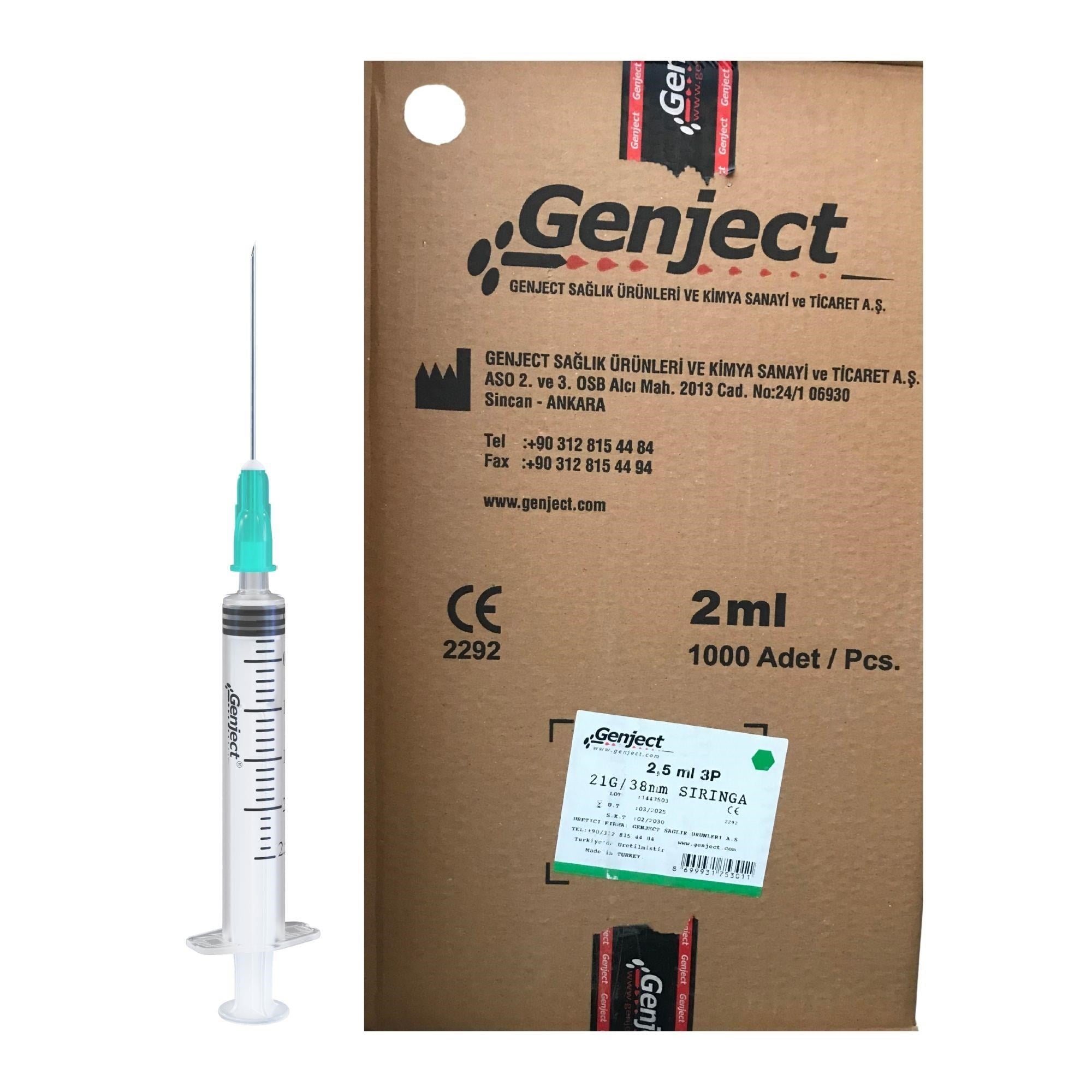 GENJECT - 2 ML 3PARÇA 21G 0.80X38MM ENJEKTÖR - 1000 ADET