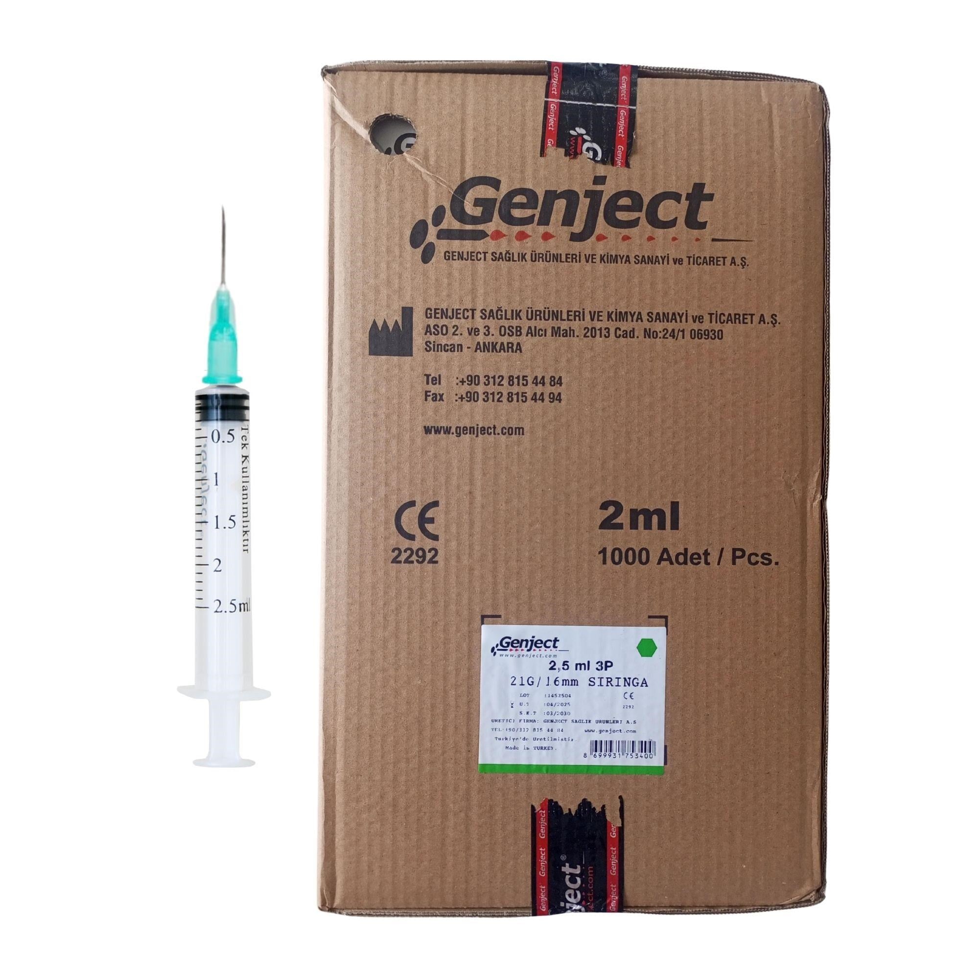 GENJECT - 2 ML 3PARÇA YEŞİL KISA İĞNELİ ENJEKTÖR VETERİNER - 1000 ADET