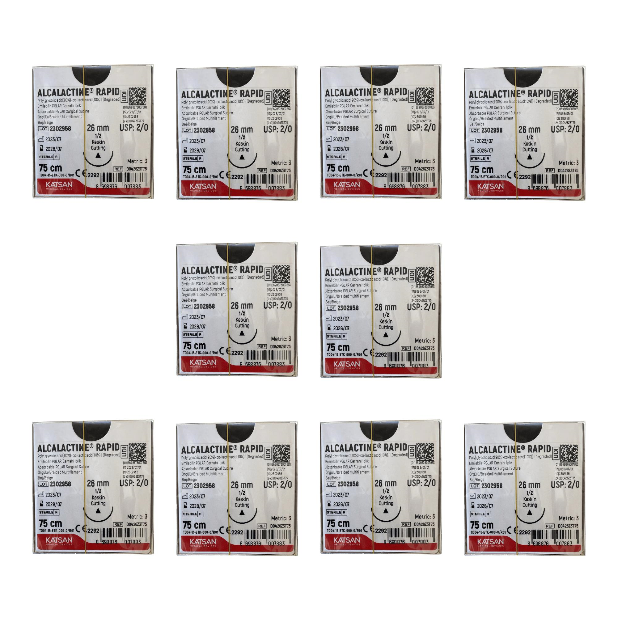 KATSAN - SÜTUR ALCALACTİNE RAPİD 2/0 26MM KESKİN 75CM BEJ - 10 PAKET